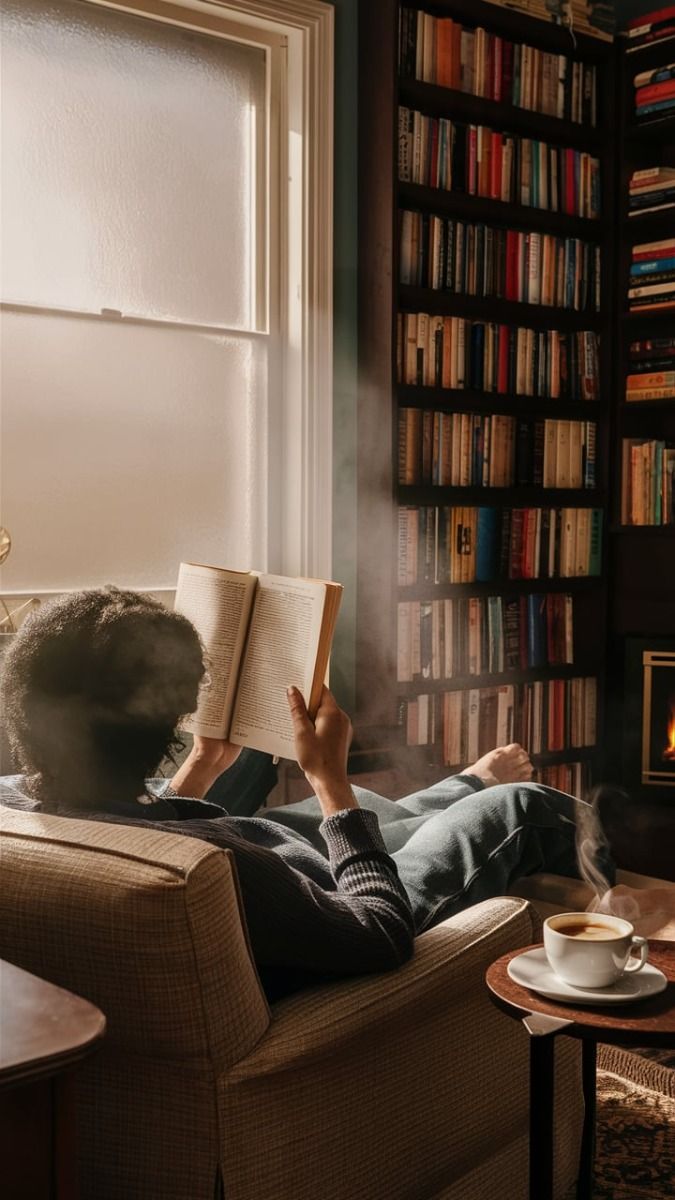 A person reading by a window beside a wall of books